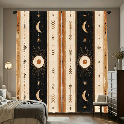 2 Panels Light Filtering Curtains, Boho Sun Moon Star Celestial Unique Art Print Home Decor, Easy Install Rod Pocket Design, All Season Window Treatments for Living Room Bedroom Home Decoration