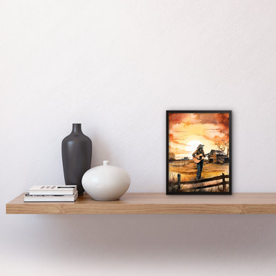 Man Playing Country Music Guitar In Countryside Farm On Sunset - Single Picture Frame Print