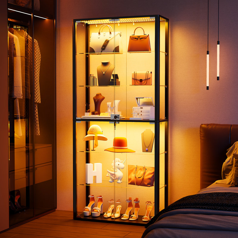 Vitrine à 6 niveaux avec lumières à capteur RVB, tablette en verre avec serrure, Black