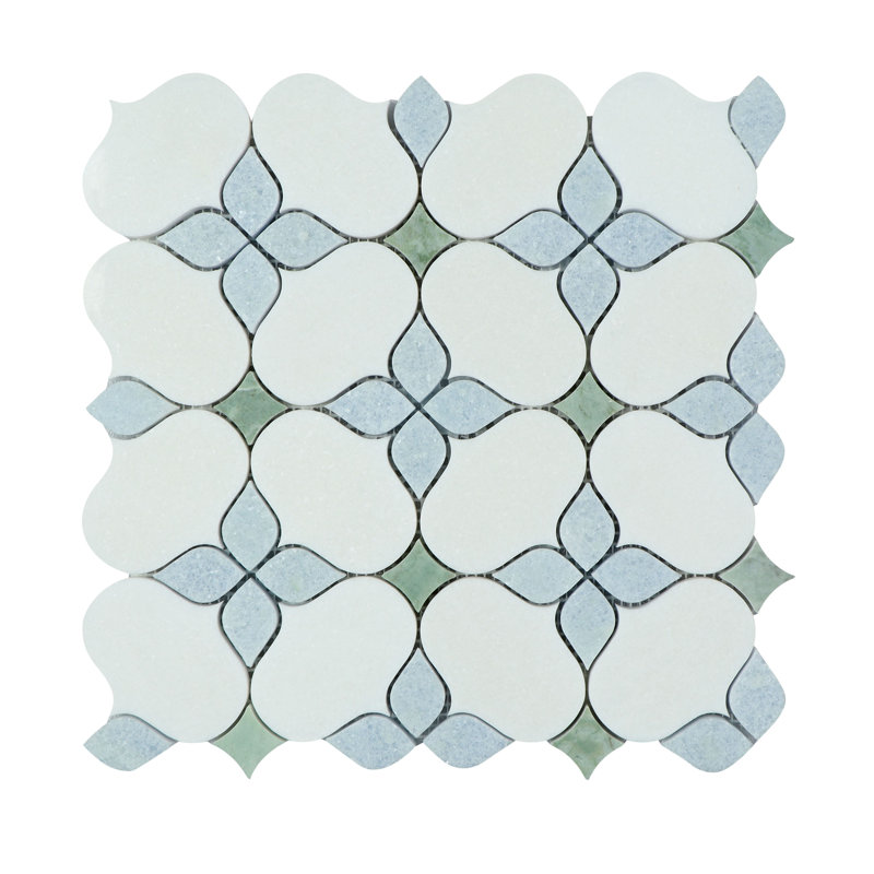 Water Jet 6" x 6" Marble Novelty Mosaic Wall & Floor Tile, Thassos White/Blue Celeste/Ming Green