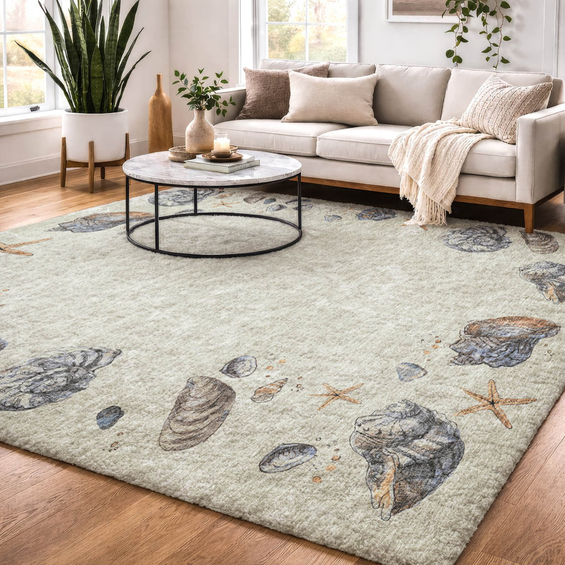 Premium Machine Washable Dream Shag ADS188 Shell Border Rug, Oyster, 8' x 10'