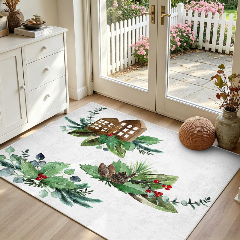 Tapis rouge lavable à la machine, branches de Noël et feuilles d'intérieur, Rectangle 39 po x 63 po