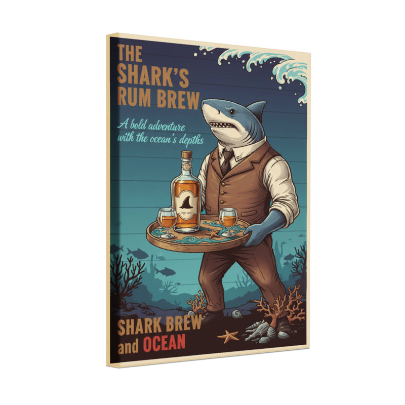 Fashion Shark In Suit Serving Rum Tray Under Ocean Waves, 30" H x 20" W