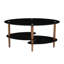 Table basse ovale noire en verre, table de salon moderne avec pieds en chêne et table de thé en verre trempé 3 couches-129464774