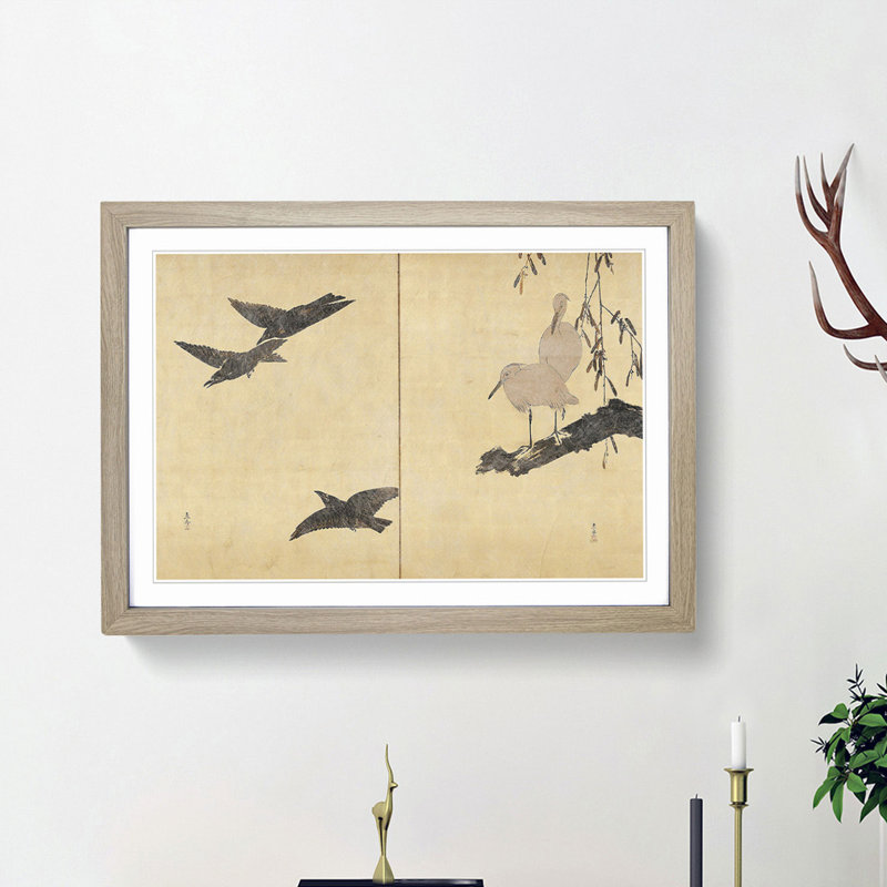 Egrets & Crows by Shibata Zeshin - Picture Frame Painting Print, Oak Framed, 48cm H x 65cm W x 2cm D