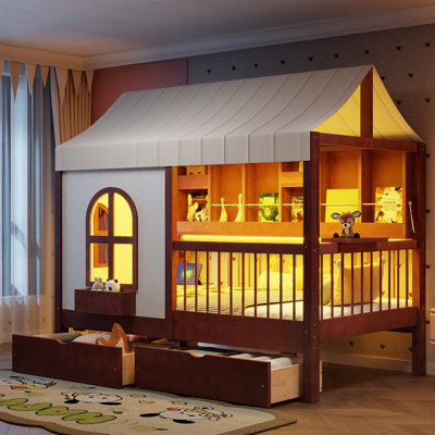 Lit House avec 2 grands tiroirs, bibliothèque latérale avec bande DEL