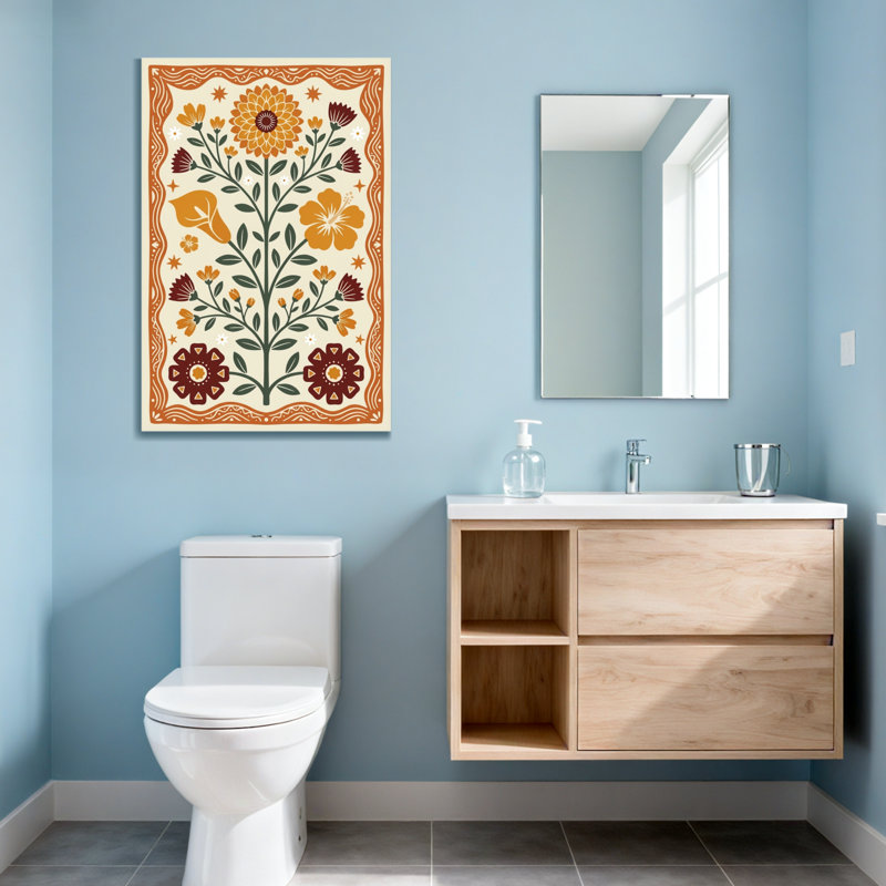 Motif floral de plantes et de fleurs avec des fleurs orange et rouges, H 18 po x l 12 po
