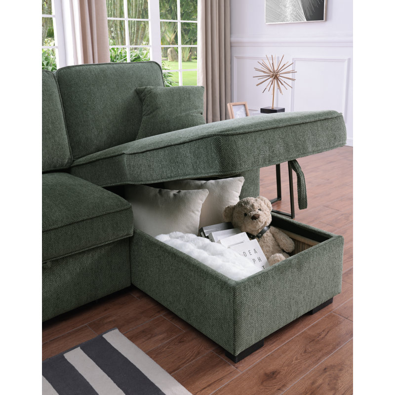Elfrieda Boneless 92" W Reversible Sleeper Sectional with Storage, Green Chenille