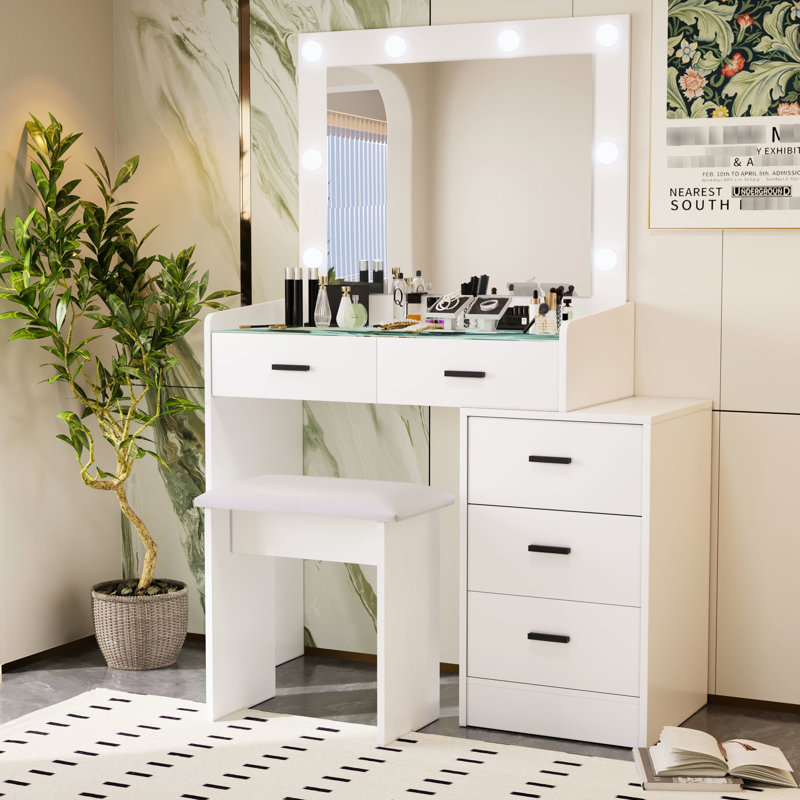 Meuble-lavabo blanc avec bandes à DEL et tiroirs très profonds