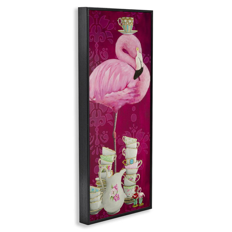 Flamant rose avec tasses à thé giclées, Giclée encadrée noir minuit, H 24 po x l 10 po