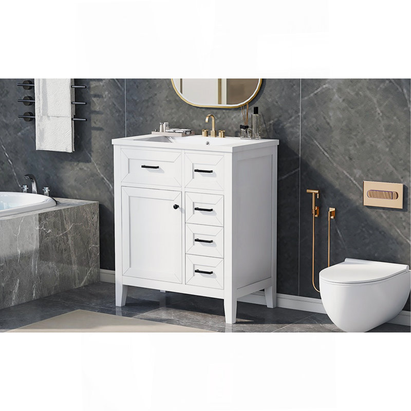Ensemble de meuble-lavabo 30 po avec lavabo, armoire de salle de bain blanche avec tiroirs, structure solide et panneau de fibres à densité moyenne