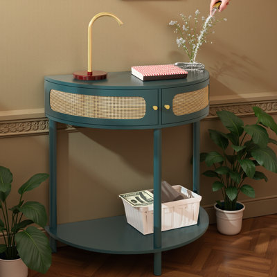 Élégante console de hall d'entrée en demi-cercle avec 2 armoires de rangement en rotin, table de bout demi-lune Boho - portes en rotin tissées à la main + design incurvé - Console de hall d'entrée à 2 tiroirs avec tablette inférieure