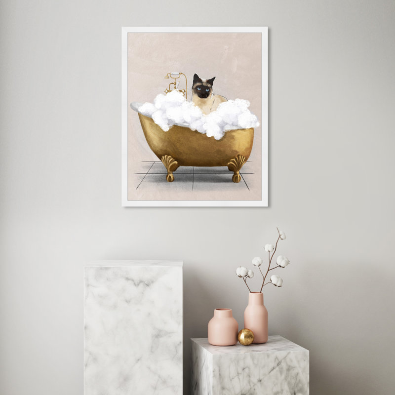 Bath Bath Cat - peinture encadrée, Cadre blanc, H 26 po x l 26 po