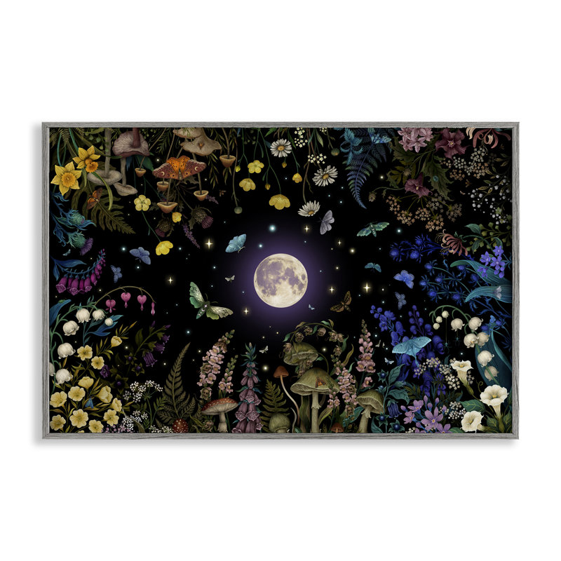 «Night Garden with Moth», estampe numérique, design par Episodic Dessins, H 16 po x l 24 po, Giclée de ferme grise encadrée