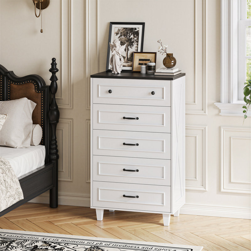 Commode de style champêtre à 5 tiroirs, 70 cm de largeur, grand coffre de rangement pour chambre, salon, entrée, blanc
