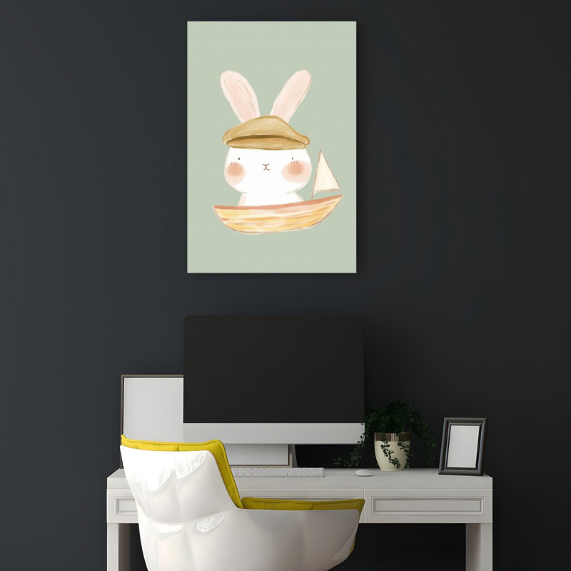 Cute Bunny Sailor Peaceful Whimsical Contemporary Rabbit Forest Wall Art Print by Mathieu - Wrapped Canvas Print