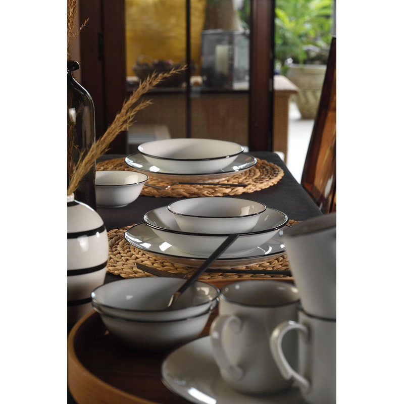 Abreu Porcelain China Dinnerware Set 16 Piece - Service for 4, White/Black