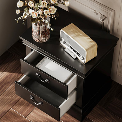 Table de chevet en bois classique, 2 tiroirs de rangement, L 22 po, bois massif