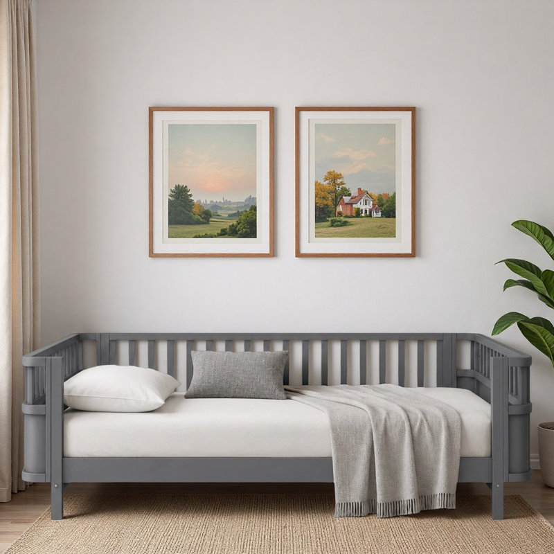 Lit pour enfant à profil bas avec coin arrondi lisse et support en lattes de bois, Full, Gris