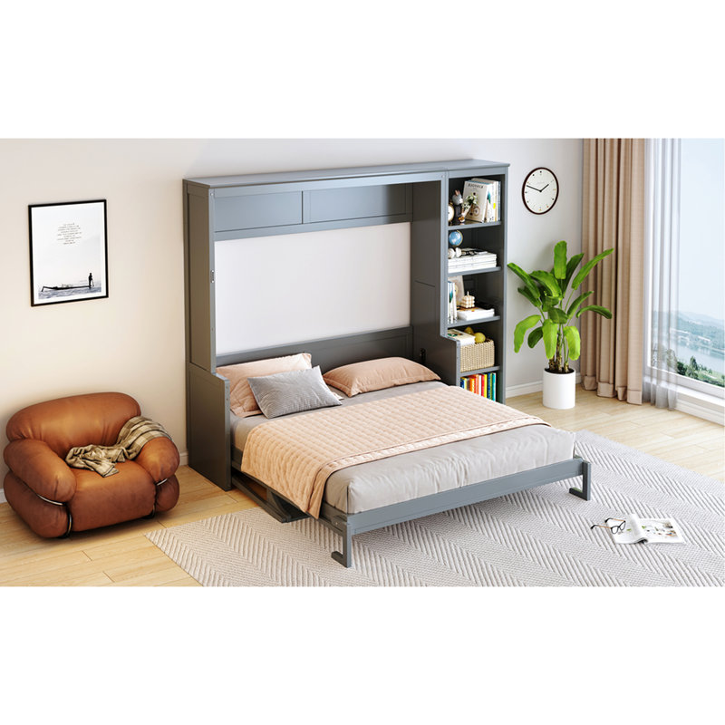 Grand lit gris avec bureau et tablettes, pin, pliable pour économiser de l'espace, grand espace de rangement, bibliothèque à lattes de bois, structure, optimisation, solutions de rangement multiples