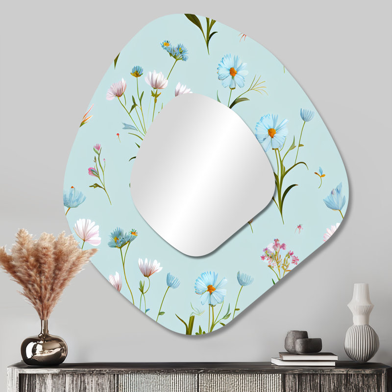 Goncalo Blossoming Pastel Wildflowers On Light Blue IV - Floral Asymmetrical Decorative Wall Mirror, Traditional Unique Shape Mirror, Printed Metal Art