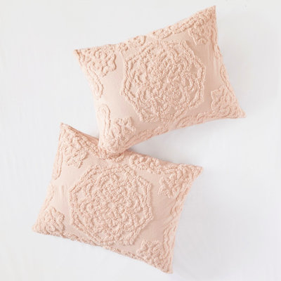 King/ King Size Blush Cotton Chenille Medallion Fringe Coverlet Mini Comforter Cover,