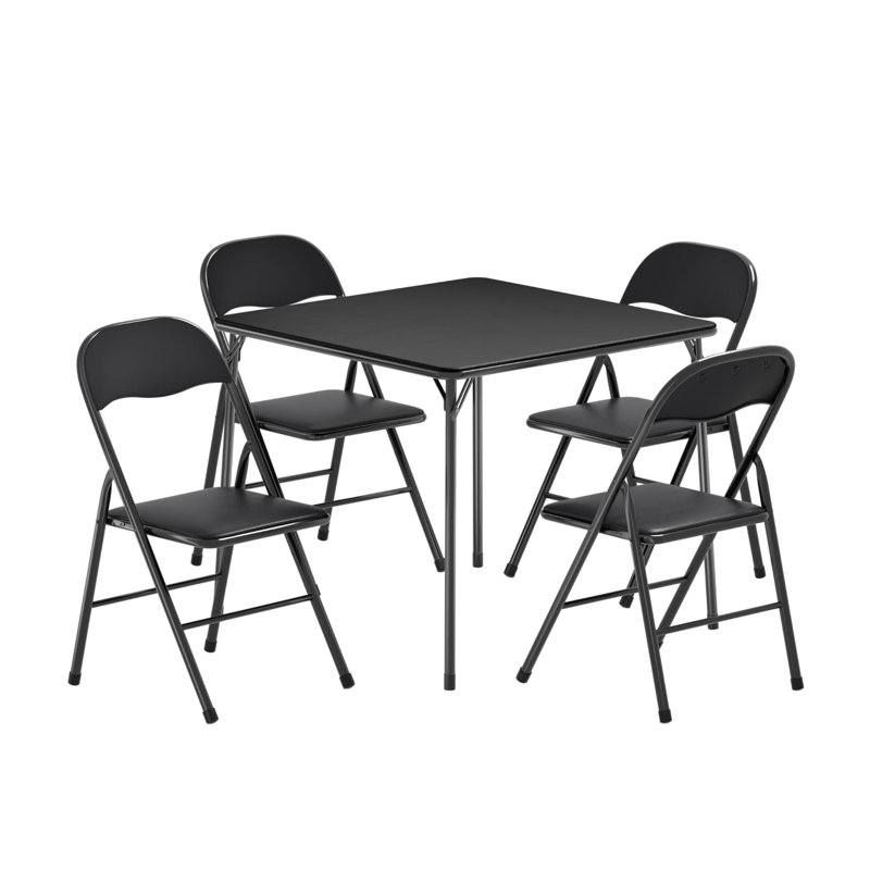Folding Card Table And Chair Set Of 5 Foldable With Padded Upholstery Tabletop, Metal, Black