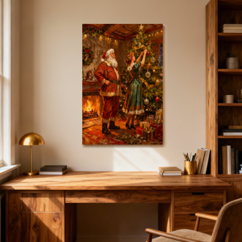 Arbre de Noël père Noël et fille décorant Noël, H 36 po x l 24 po