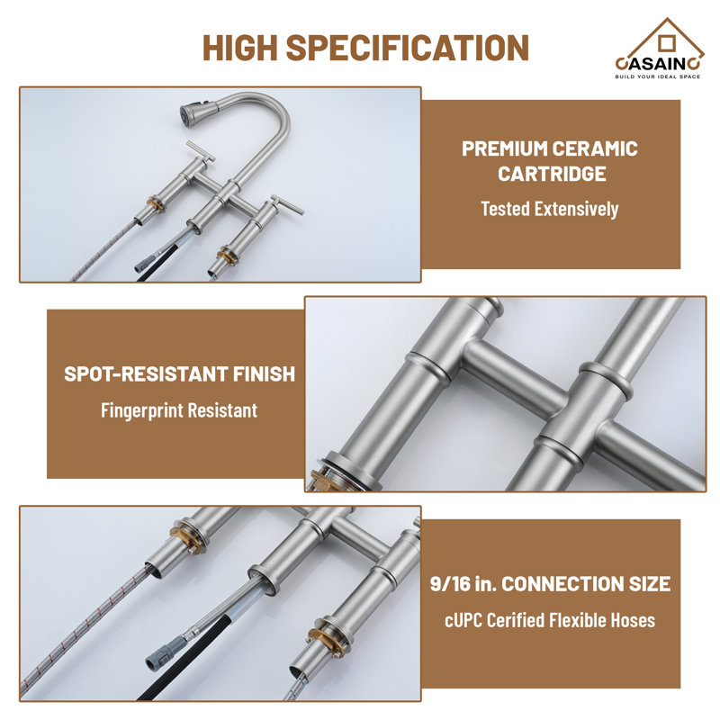 Brushed Nickel Double Handle Bridge Kitchen Faucet with Pull-out Spray