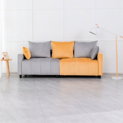 Velvet 2 Sectional In Grey & Yellow, 82" Comfortable With Eucalyptus Wood Construction, Living Room Distinctive Contemporary Gray+Yellow, Wide Foam Cushioning, Cozy Element