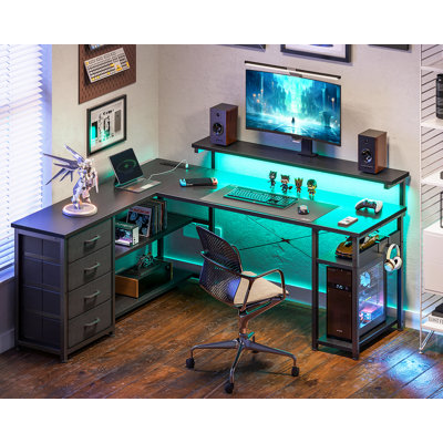 Bureau en forme de L avec tiroirs Hudson, bureau d'ordinateur avec prises de courant et lumières à DEL, bureau d'angle réversible avec tablette pour moniteur, poste de travail de bureau à domicile avec tablettes et rangement ouverts, bureau de jeu de 