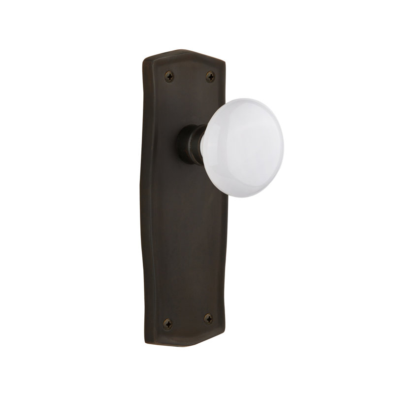 Plaque Prairie avec bouton de porte en porcelaine blanche, 2 3/4 po, Bronze frotté à l'huile