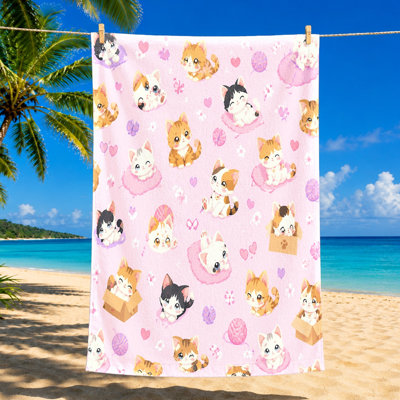 1Pcs Cute Kitten Beach Towel, featuring adorable cartoon cats with playful designs on a pink background. Large microfiber, perfect for, swimming, and travel, suitable kids.