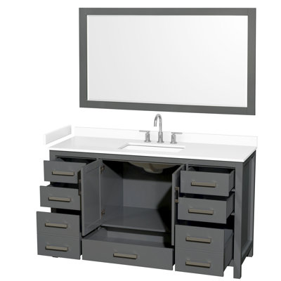 Meuble-lavabo simple de 60 po Sheffield en gris foncé, comptoir en marbre de culture blanc, lavabo carré encastré (3 trous), garniture en chrome brossé, miroir de 58 po
