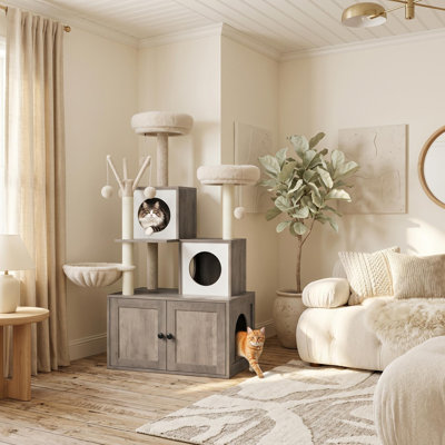 Enceinte moderne 2-en-1 avec tour pour chat et poteaux à griffer pour chats