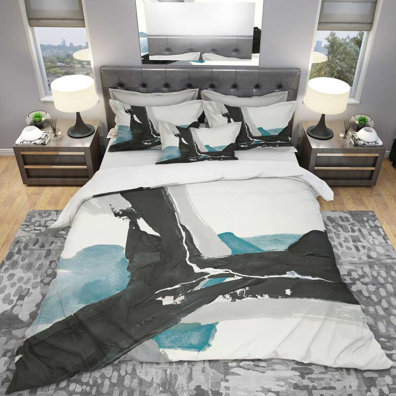Geometric Black and Teal III - Modern & Contemporary Duvet Cover Set - Microfiber Polyester, Twin Duvet Cover + 1 Sham