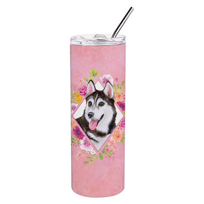 E23BF9F8391D466E9CA4F8DFEBD9A7DB de verre 20 oz à double paroi en acier inoxydable chiot, Husky de Sibérie noir, Rose