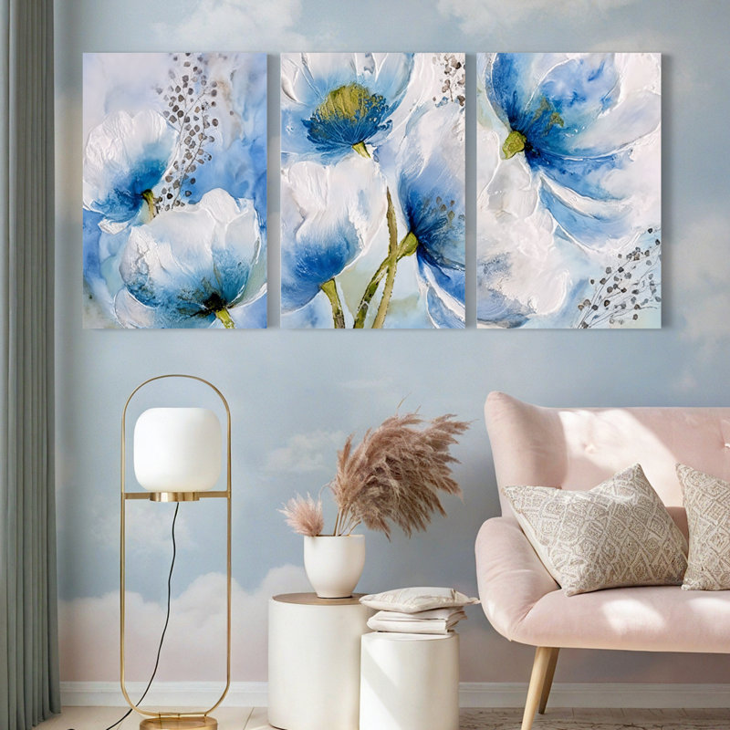 Ensemble de 3 impressions sur toile à motif floral coquelicot bleu et blanc, H 12 po x l 24 po