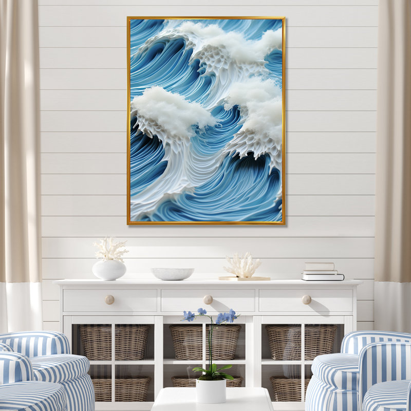 Collage de vagues blanches et bleues - art mural vagues côtières, Cadre flottant doré, 32" H x 16" W