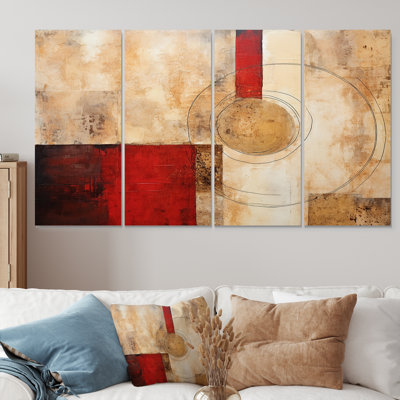«Cubist Red Colorfields Collage - Abstract Collages», art mural sur toile 4 pièces