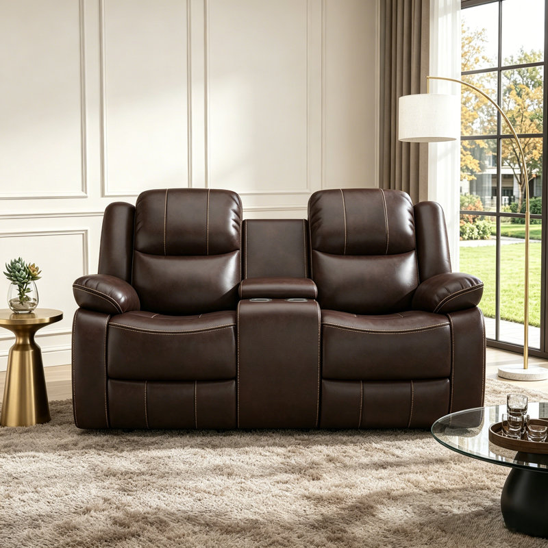 Causeuse inclinable manuelle en cuir 72,8 po de large avec fauteuil inclinable 2 places avec rangement et porte-gobelet, Brun