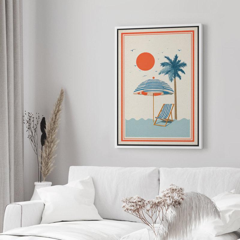Reproduction d'art encadrée sur toile de chambre à coucher principale avec parasol de plage avec palmier rétro, Blanc
