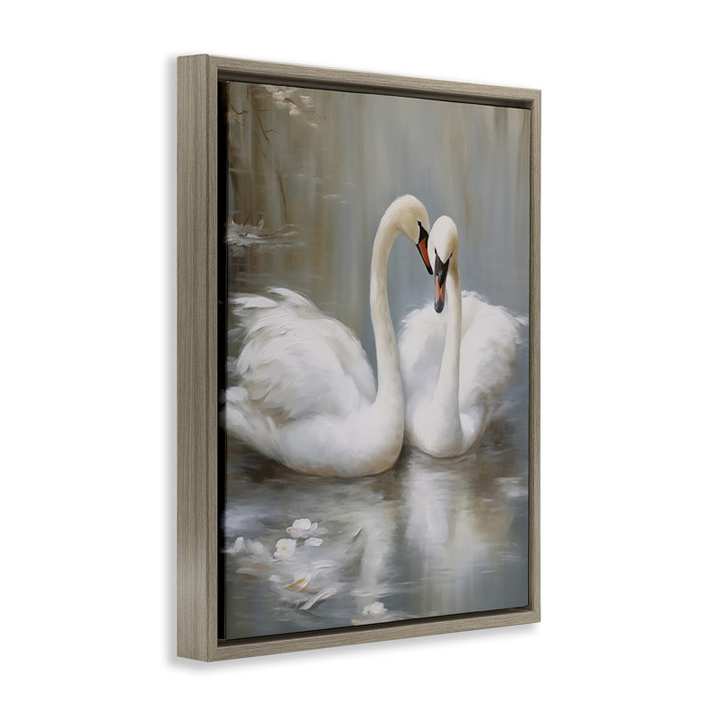 Embrasser des cygnes sur un cadre flottant, conçu par Arlington Prints, Cadre flottant orme Montalcino, H 21 po x l 17 po
