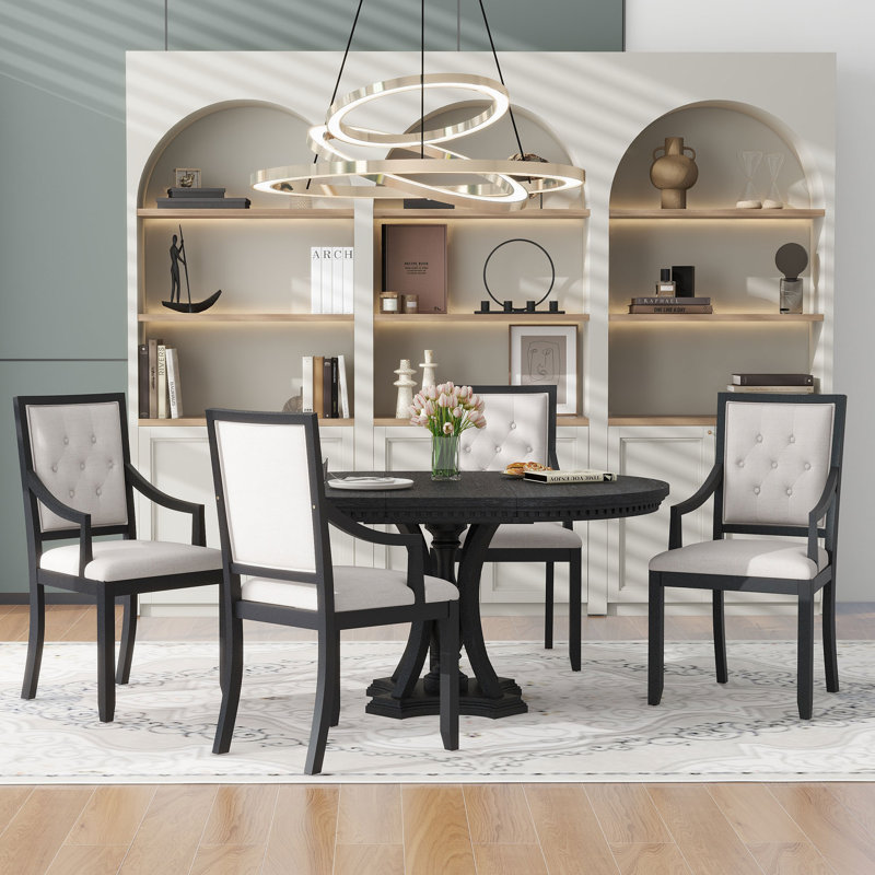  Ensemble de table de salle à manger extensible ovale, 4 fauteuils rembourrés, mobilier de cuisine 5 pièces, chêne noir