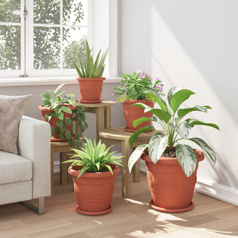  Plant Pots 6 Pcs Plastic, 25cm H x 30cm W x 30cm D, Brick Red