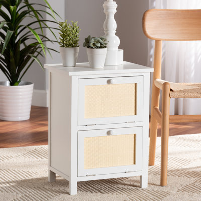 Celleste Mid-Century Modern White Finished Wood And Rattan 2-Door Nightstand