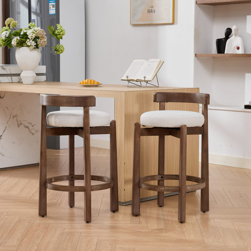 Ensemble de 2 tabourets de comptoir pivotants, tabourets de bar de style Mid-Century moderne avec dossier, hauteur de siège de 26 pouces, structure en bois massif, chaises de bar rembourrées en lin doux avec repose-pieds, idéal pour îlot de cuisine, beige, SW1882BG