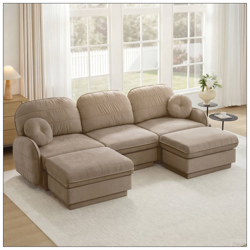 Canapé surdimensionné en U de 105 po en chenille, canapé à assise profonde avec repose-pieds mobile, coussins ronds exquis et coussins de dossier matelassés, pieds à cadre encastré, assemblage facile, convient au salon, café léger