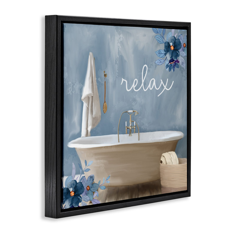 «Blue Floral Relax Bathroom Scene», art mural encadré noir sur toile flottante par Kim Allen, H 18 po x l 18 po