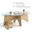 Table basse ovale en verre trempé avec plateau diagonal en forme d'éventail et pieds en bois naturel